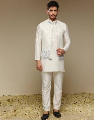 White floral embroidered silk Nehru Jacket Set 1