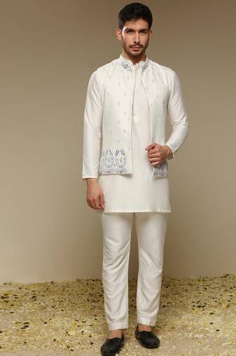 White floral embroidered silk Nehru Jacket Set