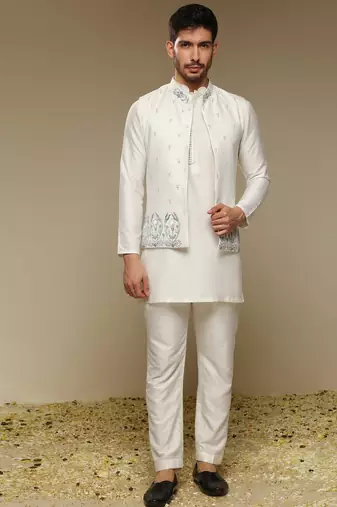 White floral embroidered silk Nehru Jacket Set