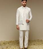 White floral embroidered silk Nehru Jacket Set
