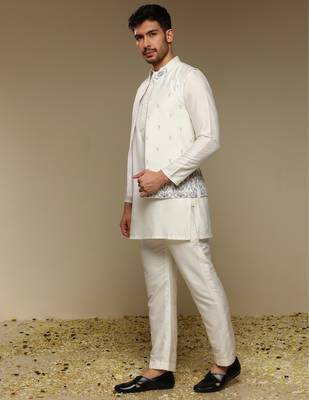 White floral embroidered silk Nehru Jacket Set 4