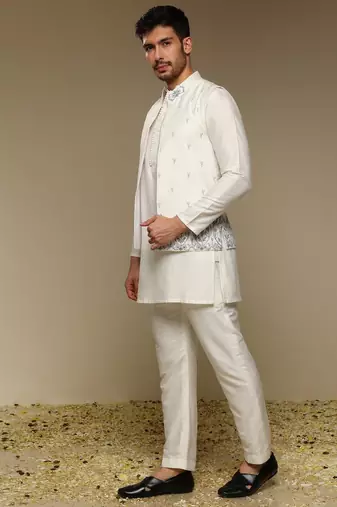 White floral embroidered silk Nehru Jacket Set