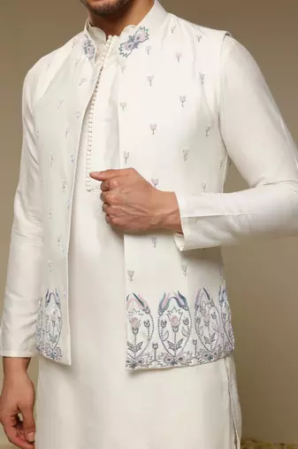 White floral embroidered silk Nehru Jacket Set