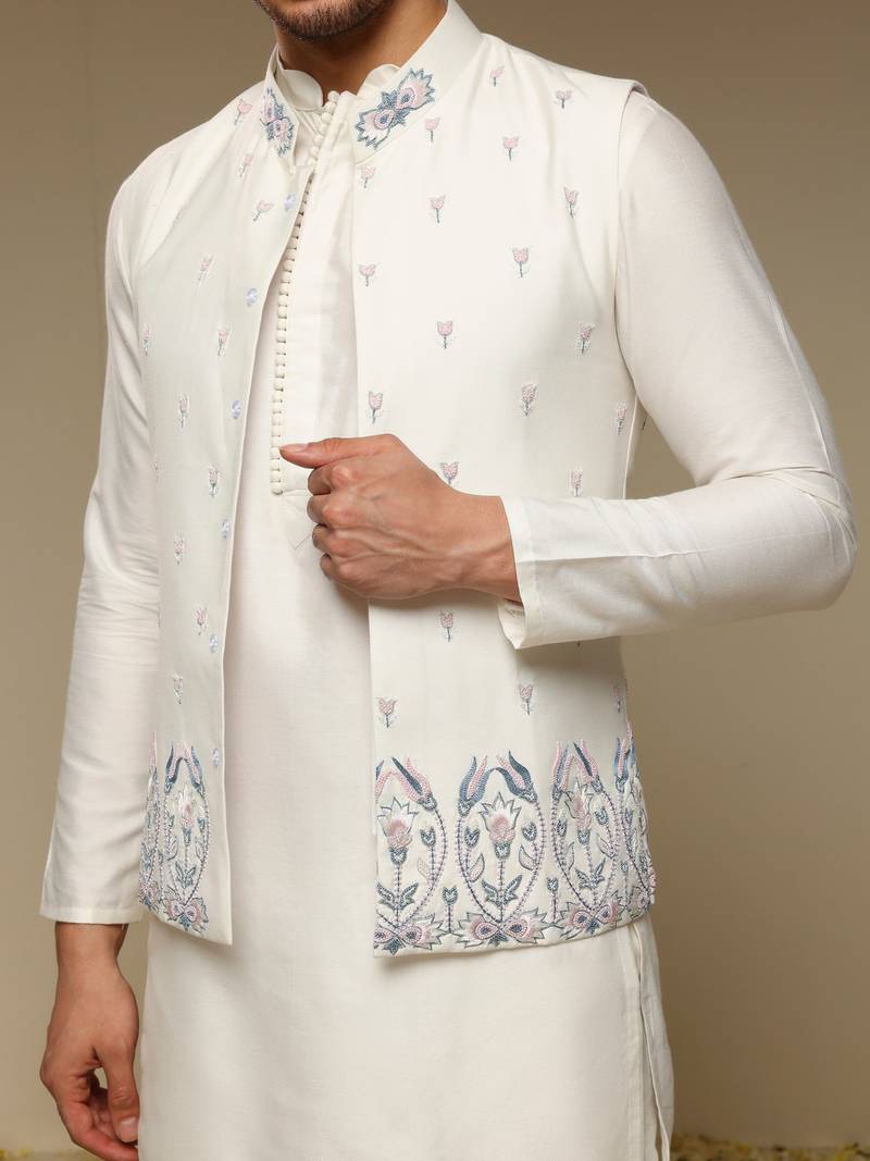 White floral embroidered silk Nehru Jacket Set