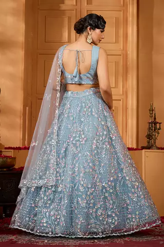 Grey- Net Fabric Sequins embroidery Semi-Stitched Lehenga & Unstitched Blouse With Dupatta