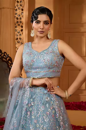 Grey- Net Fabric Sequins embroidery Semi-Stitched Lehenga & Unstitched Blouse With Dupatta