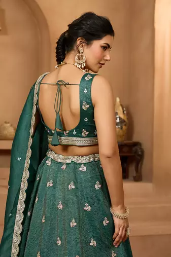 Green- Tissue Fabric Sequins embroidery Semi-Stitched Lehenga & Unstitched Blouse With Dupatta