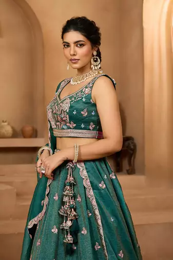 Green- Tissue Fabric Sequins embroidery Semi-Stitched Lehenga & Unstitched Blouse With Dupatta