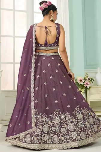 Purple- Tissue Fabric Sequins embroidery Semi-Stitched Lehenga & Unstitched Blouse With Dupatta