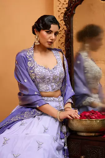 Lavender- Tissue Fabric Sequins embroidery Semi-Stitched Lehenga & Unstitched Blouse With Dupatta