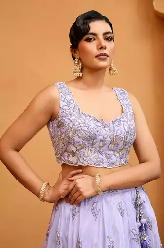 Lavender- Tissue Fabric Sequins embroidery Semi-Stitched Lehenga & Unstitched Blouse With Dupatta