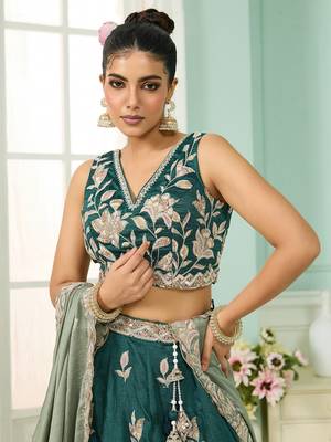 Green- Silk Fabric Sequins embroidery Semi-Stitched Lehenga & Unstitched Blouse With Dupatta 6