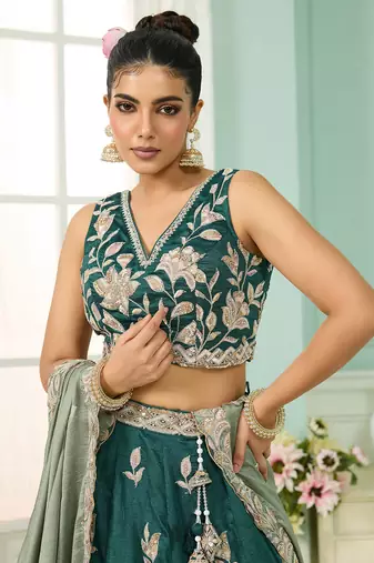 Green- Silk Fabric Sequins embroidery Semi-Stitched Lehenga & Unstitched Blouse With Dupatta