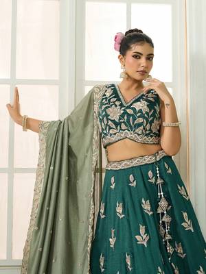 Green- Silk Fabric Sequins embroidery Semi-Stitched Lehenga & Unstitched Blouse With Dupatta 8