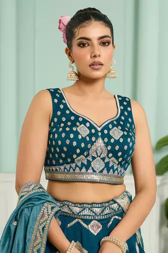 Teal- Silk Fabric Sequins embroidery Semi-Stitched Lehenga & Unstitched Blouse With Dupatta