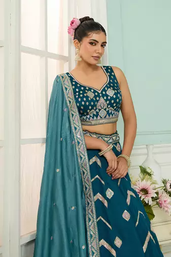 Teal- Silk Fabric Sequins embroidery Semi-Stitched Lehenga & Unstitched Blouse With Dupatta