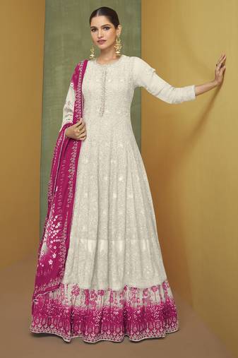 Grey embroidered ,sequins &  digital print  work georgette anarkali lehenga  - free size stitching (size upto 42")