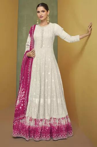 Grey embroidered sequins & digital print work georgette anarkali  - free size stitching (size upto 42")