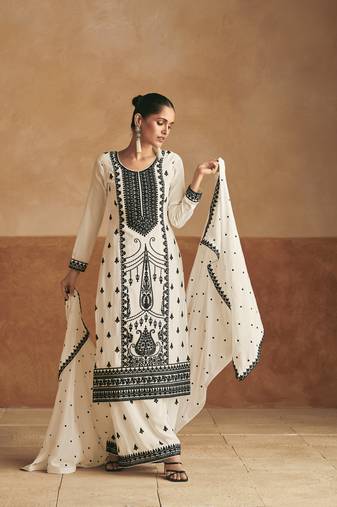 White embroidery & sequins work chinnon silk palazzo straight - free size stitching (size upto 42")
