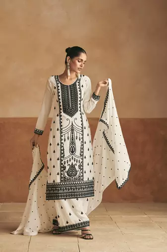 White embroidery & sequins work chinnon silk palazzo straight - free size stitching (size upto 42")