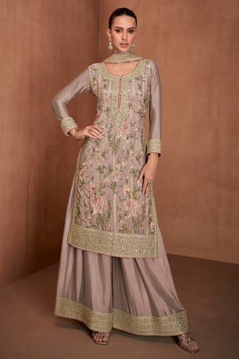 Rose gold embroidery & sequins work chinnon  palazzo straight - free size stitching (size upto 42")