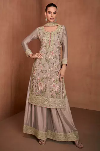Rose gold embroidery & sequins work chinnon  palazzo straight - free size stitching (size upto 42")