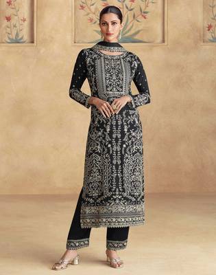 Black embroidery & sequins work chinnon  palazzo straight - free size stitching (size upto 42") 1
