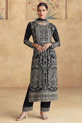 Black embroidery & sequins work chinnon  palazzo straight - free size stitching (size upto 42")