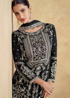 Black embroidery & sequins work chinnon  palazzo straight - free size stitching (size upto 42") 2