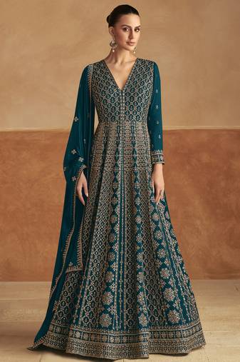 Teal blue embroidery & sequins work chinnon  gown pant - free size stitching (size upto 42")