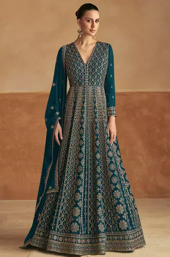 Teal blue embroidery & sequins work chinnon  gown pant - free size stitching (size upto 42")