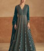Teal blue embroidery & sequins work chinnon  gown pant - free size stitching (size upto 42")