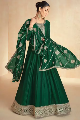 Green embroidery & sequins work premium silk  gown pant - free size stitching (size upto 42")