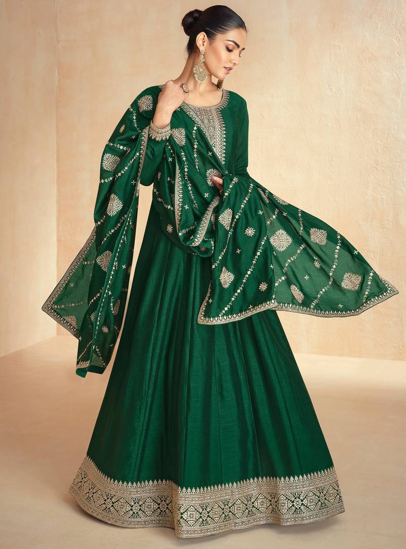 Green embroidery & sequins work premium silk  gown pant - free size stitching (size upto 42")
