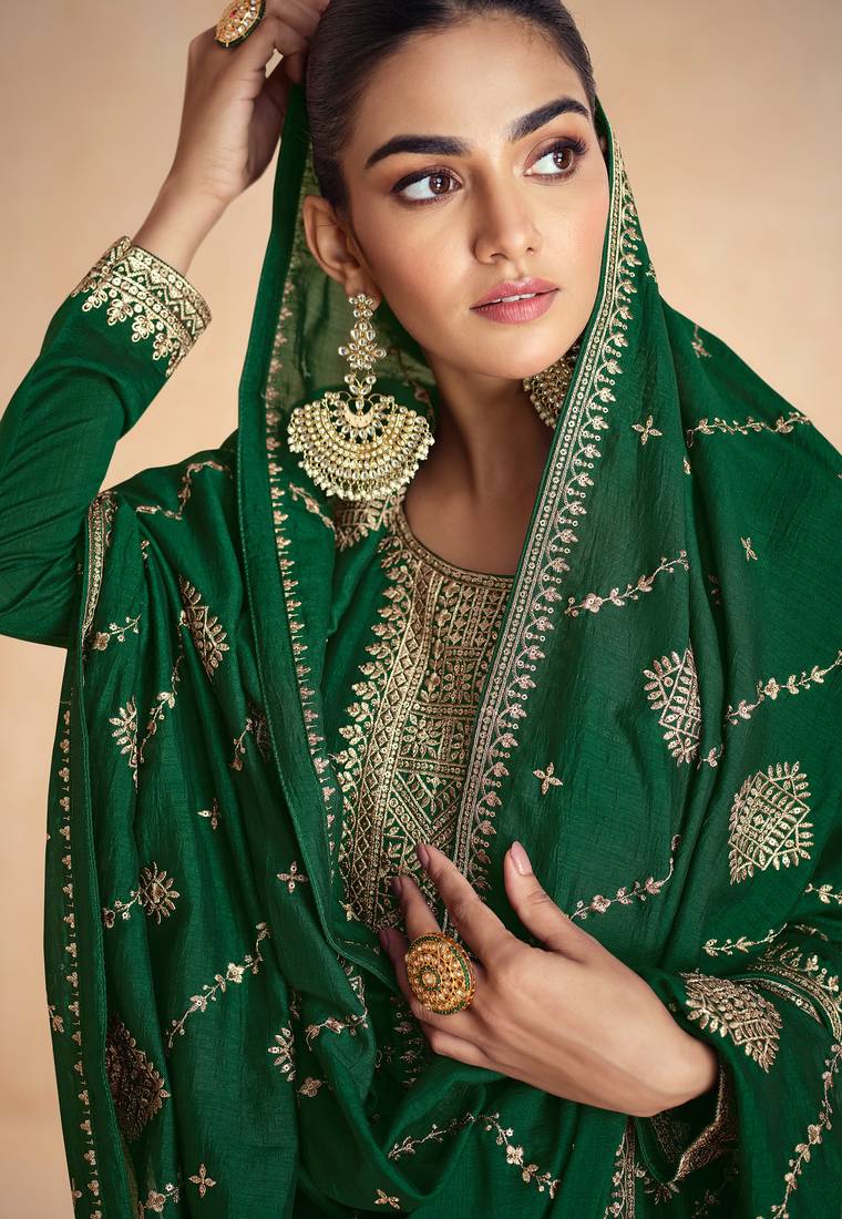 Green embroidery & sequins work premium silk  gown pant - free size stitching (size upto 42")