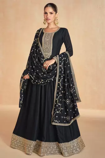 Black embroidery & sequins work premium silk  gown pant - free size stitching (size upto 42")