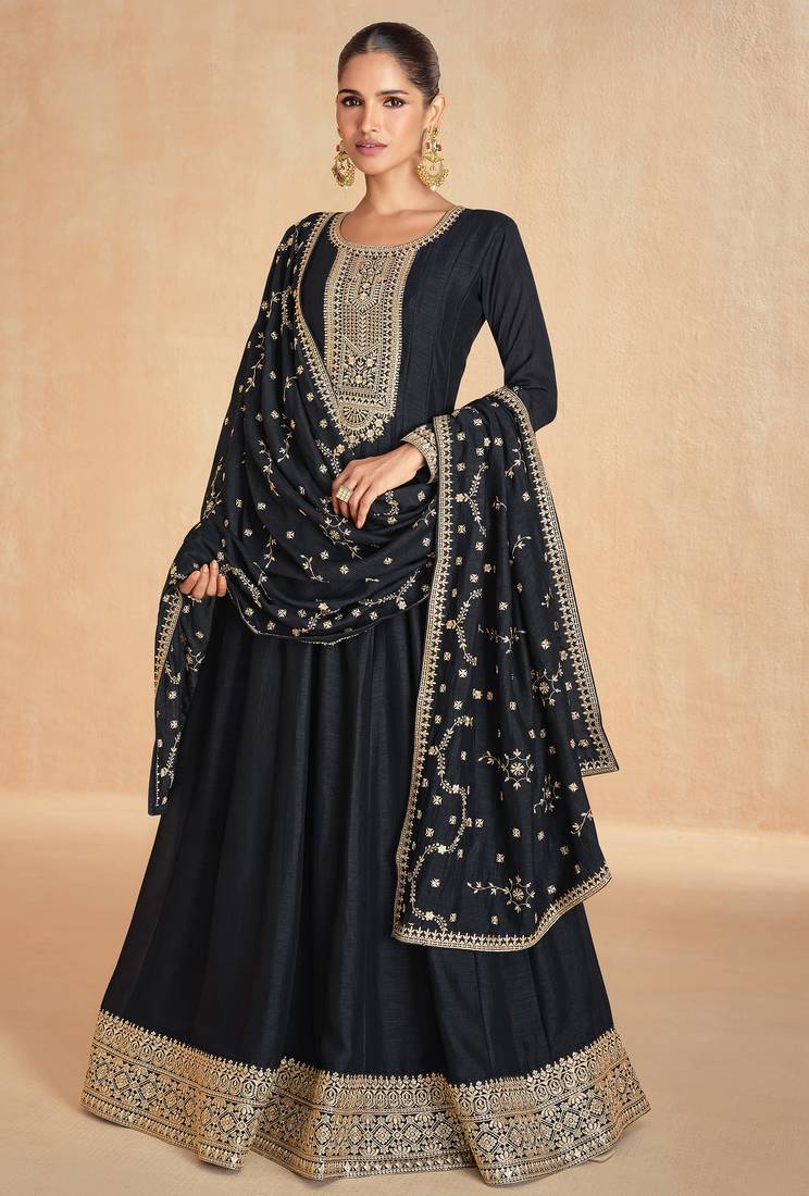 Black embroidery & sequins work premium silk  gown pant - free size stitching (size upto 42")