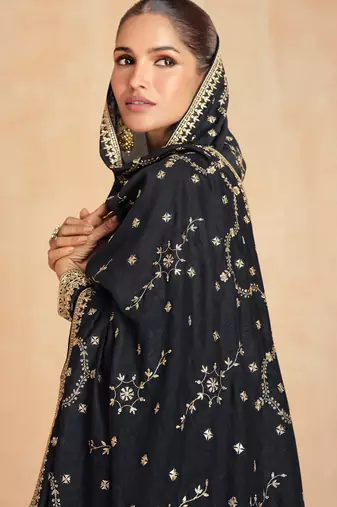 Black embroidery & sequins work premium silk  gown pant - free size stitching (size upto 42")