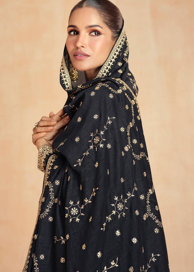 Black embroidery & sequins work premium silk  gown pant - free size stitching (size upto 42")