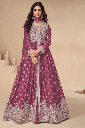 Pink embroidery & sequins work chinnon silk  anarkali pant - free size stitching (size upto 42")