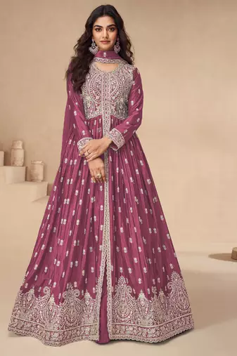 Pink embroidery & sequins work chinnon silk  anarkali pant - free size stitching (size upto 42")