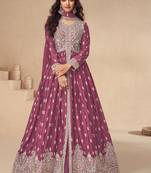 Pink embroidery & sequins work chinnon silk  anarkali pant - free size stitching (size upto 42")