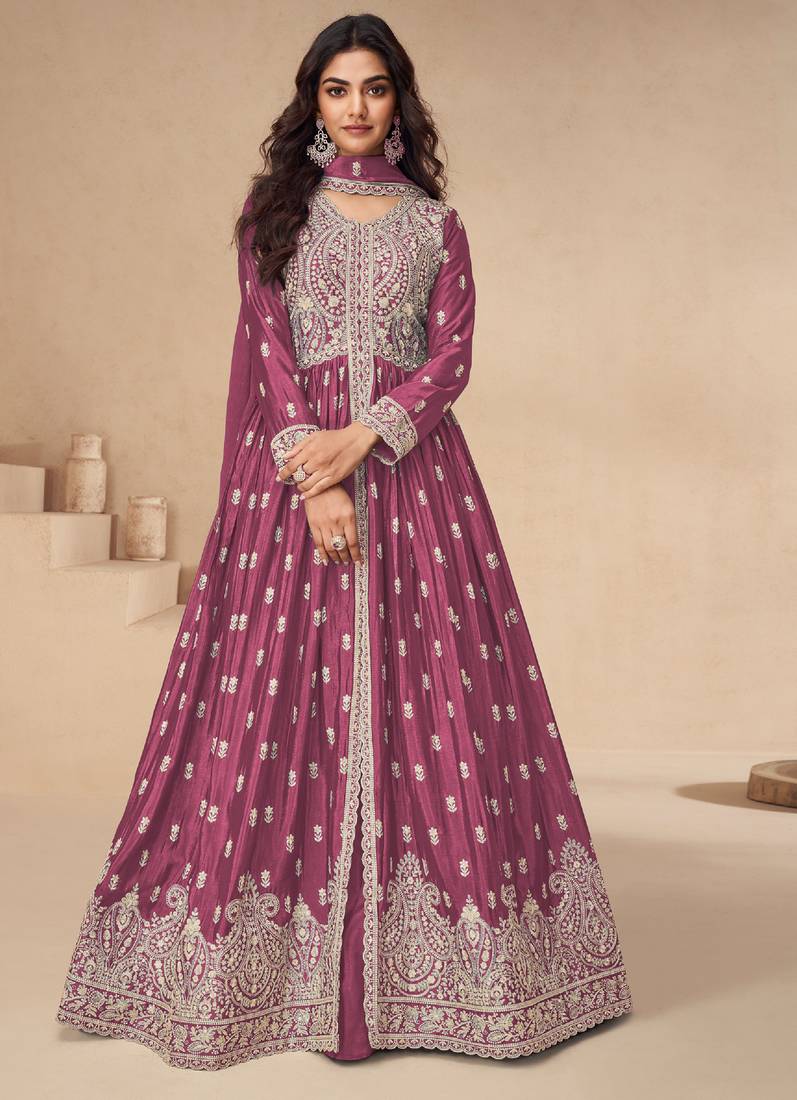 Pink embroidery & sequins work chinnon silk  anarkali pant - free size stitching (size upto 42")