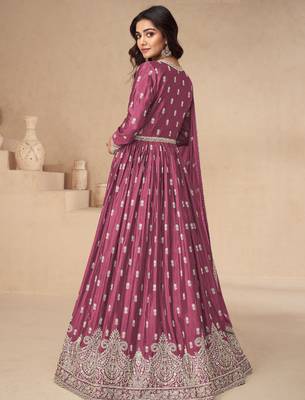 Pink embroidery & sequins work chinnon silk  anarkali pant - free size stitching (size upto 42") 2