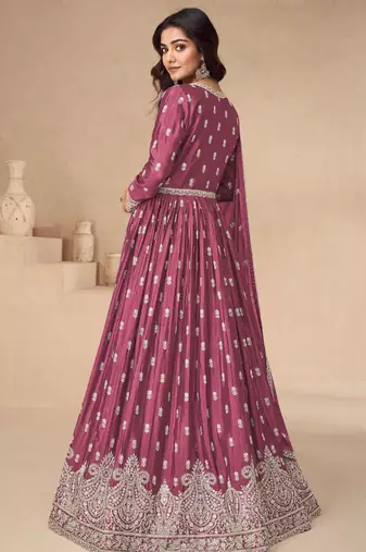 Pink embroidery & sequins work chinnon silk  anarkali pant - free size stitching (size upto 42")