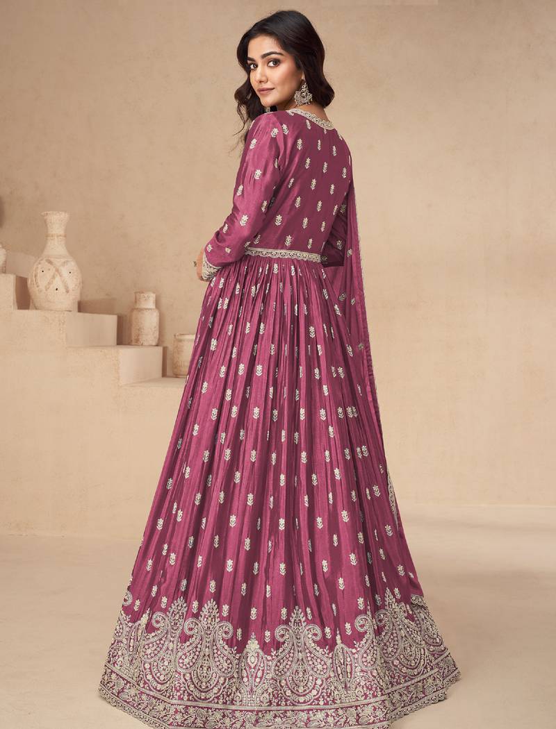 Pink embroidery & sequins work chinnon silk  anarkali pant - free size stitching (size upto 42")