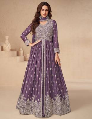 Purple embroidery & sequins work chinnon silk  anarkali pant - free size stitching (size upto 42") 1