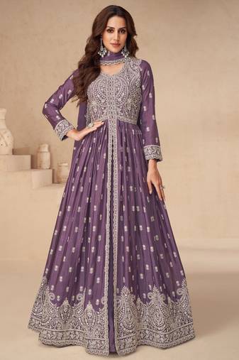 Purple embroidery & sequins work chinnon silk  anarkali pant - free size stitching (size upto 42")