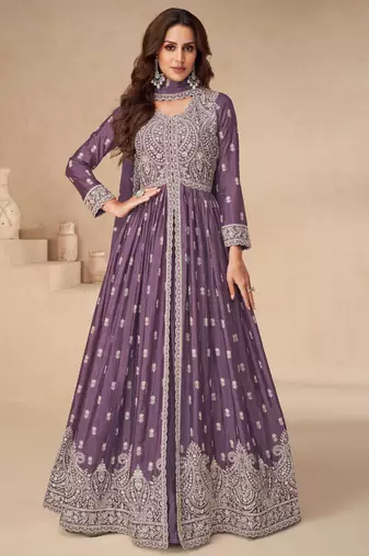 Purple embroidery & sequins work chinnon silk  anarkali pant - free size stitching (size upto 42")