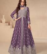 Purple embroidery & sequins work chinnon silk  anarkali pant - free size stitching (size upto 42")